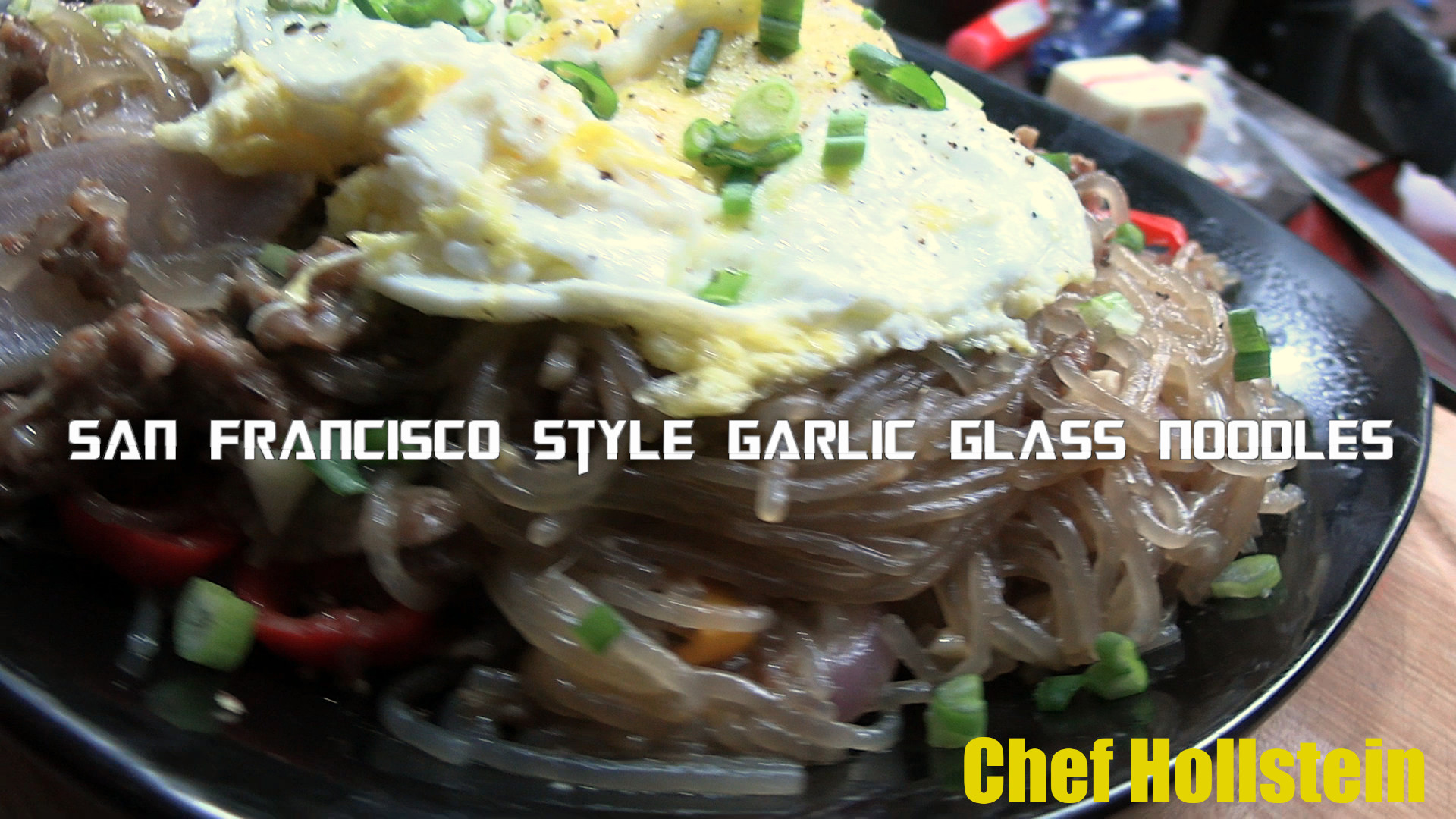San Francisco Style Garlic Glass Noodles With Veggies Sausage & Egg